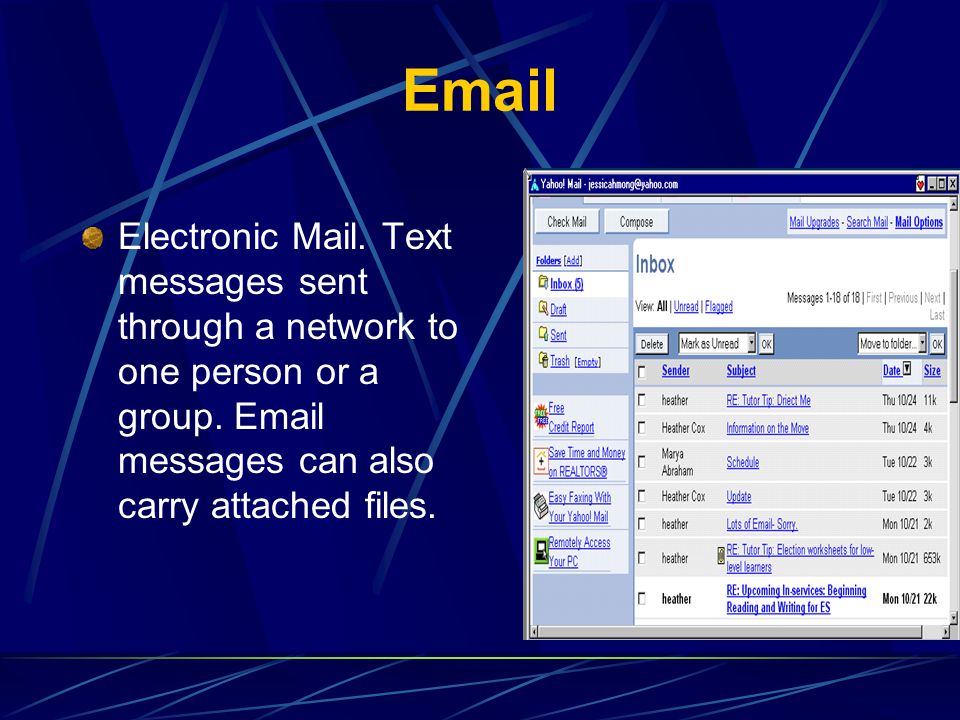 Electronic Mail. Text messages sent through a network to one person or a group.  messages can also carry attached files.