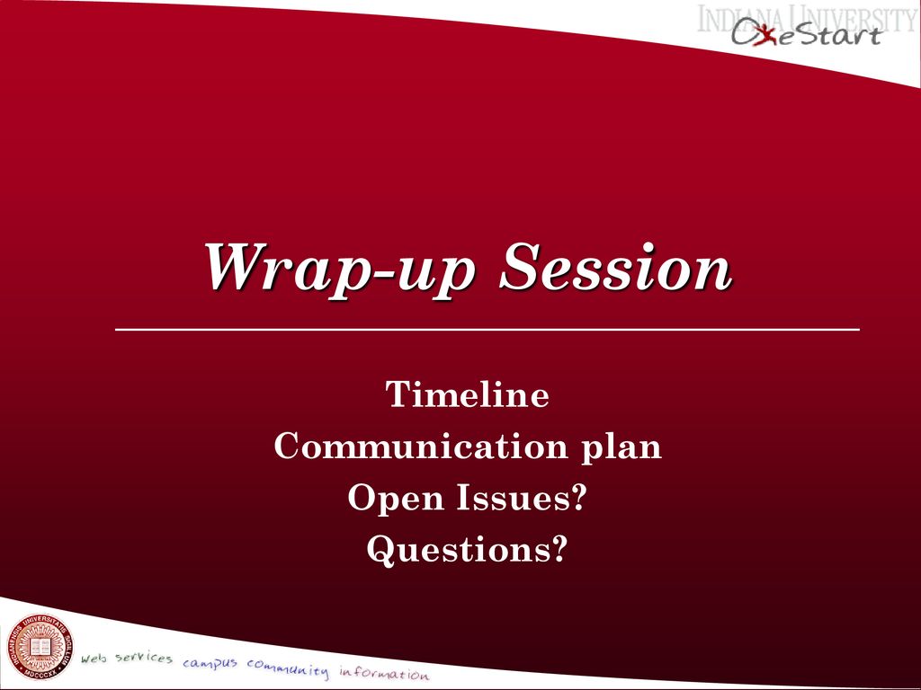 Timeline Communication plan Open Issues Questions