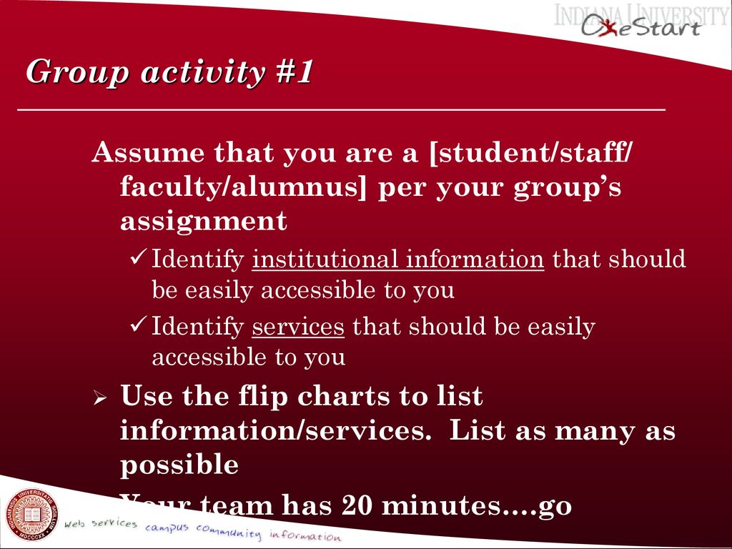 Group activity #1 Assume that you are a [student/staff/ faculty/alumnus] per your group’s assignment.