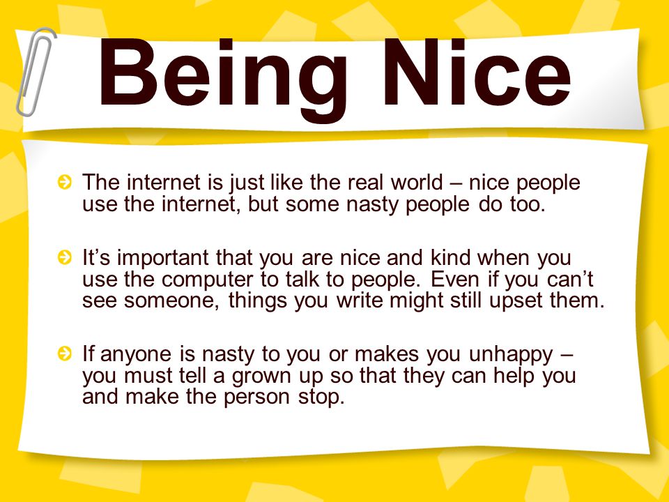 Being Nice The internet is just like the real world – nice people use the internet, but some nasty people do too.