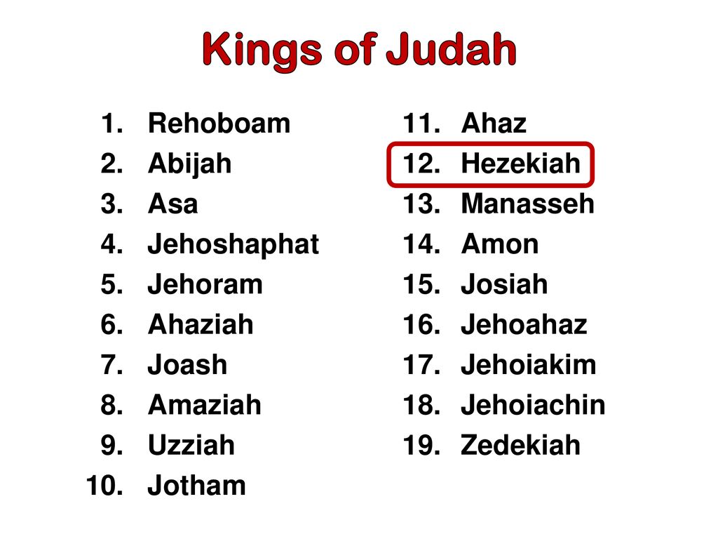 Kings of Judah 1. Rehoboam 2. Abijah 3. Asa 4. Jehoshaphat 5. Jehoram