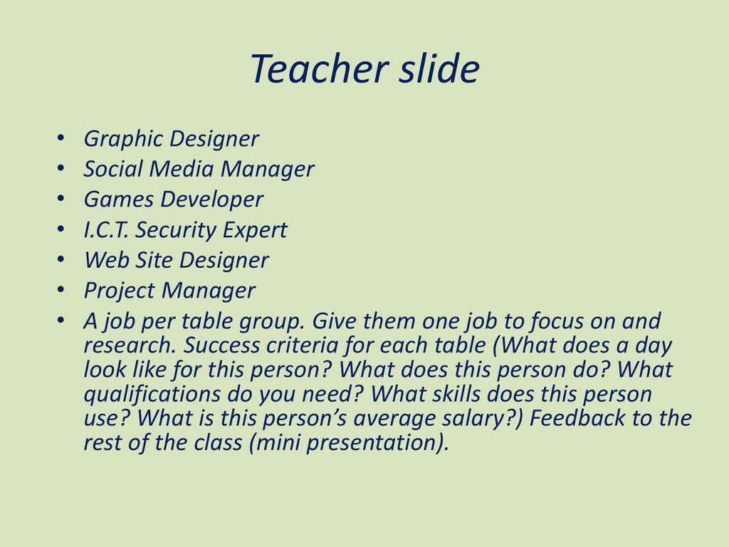 Teacher slide Graphic Designer Social Media Manager Games Developer