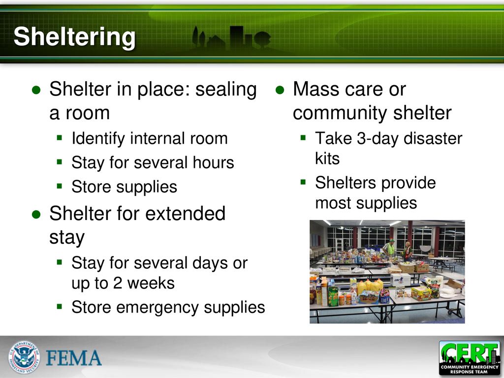 Sheltering Shelter in place: sealing a room Shelter for extended stay