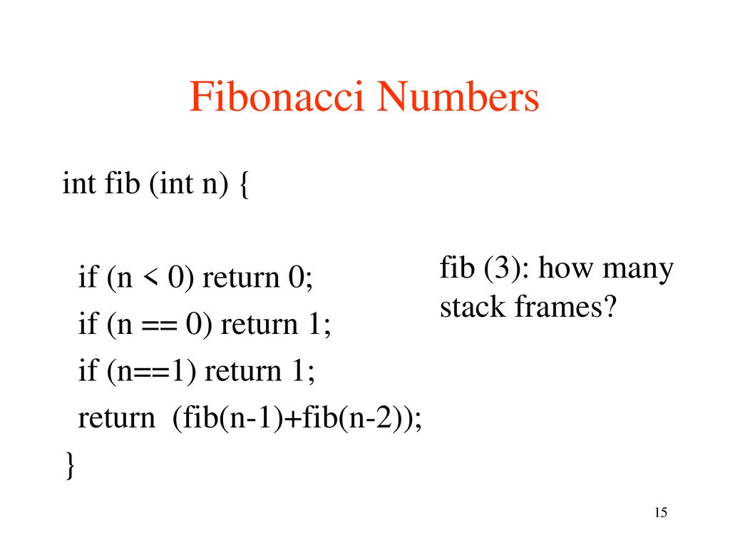 Fibonacci Numbers int fib (int n) { if (n < 0) return 0;