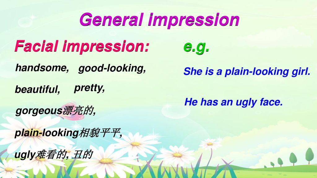 General impression Facial impression: e.g. handsome, good-looking,