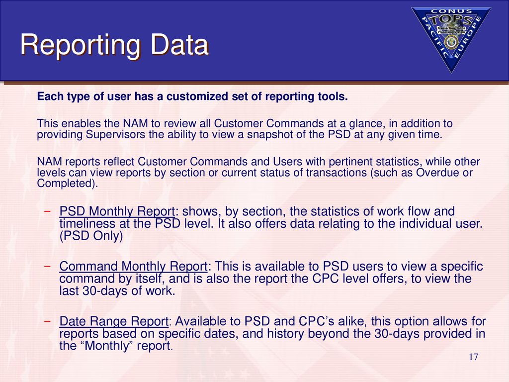 Reporting Data Each type of user has a customized set of reporting tools.