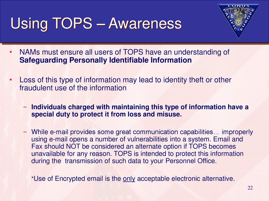 Using TOPS – Awareness NAMs must ensure all users of TOPS have an understanding of Safeguarding Personally Identifiable Information.