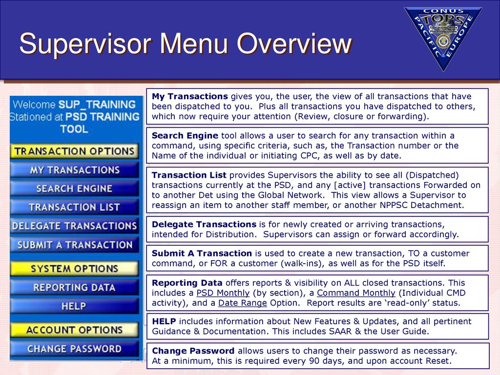 Supervisor Menu Overview