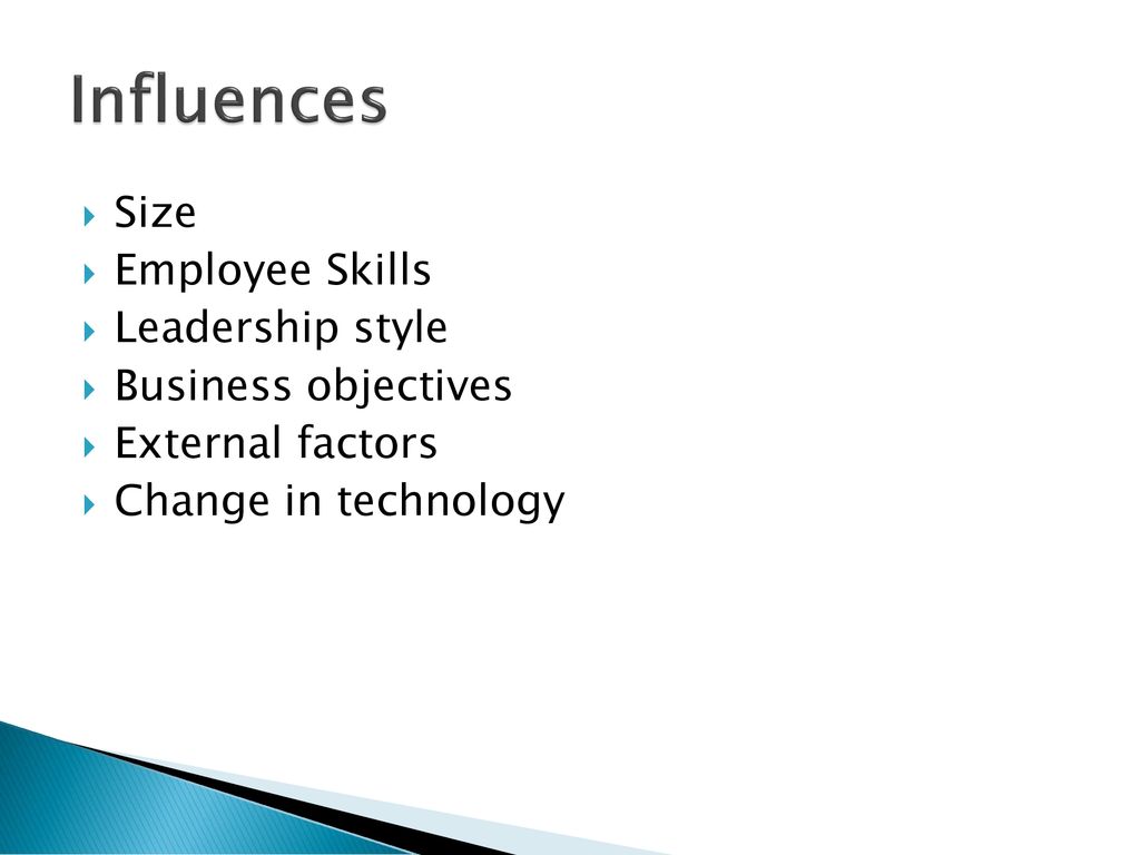 Influences Size Employee Skills Leadership style Business objectives
