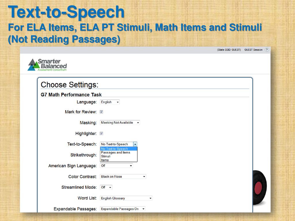 Text-to-Speech For ELA Items, ELA PT Stimuli, Math Items and Stimuli