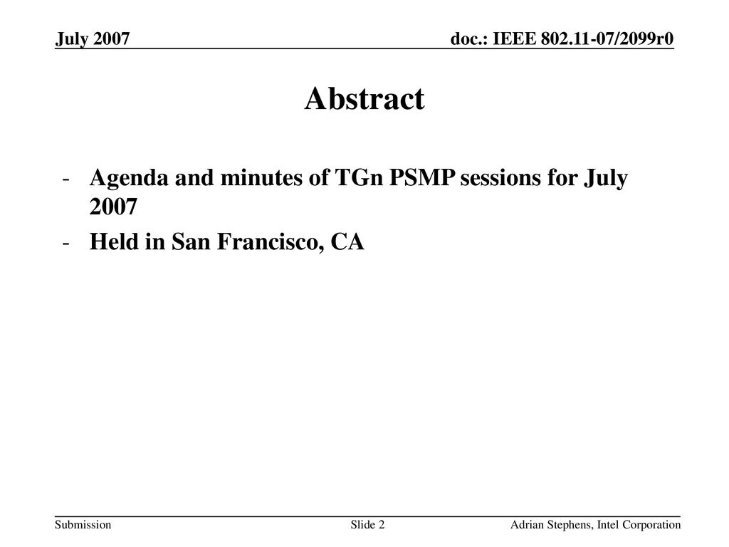 Abstract Agenda and minutes of TGn PSMP sessions for July 2007