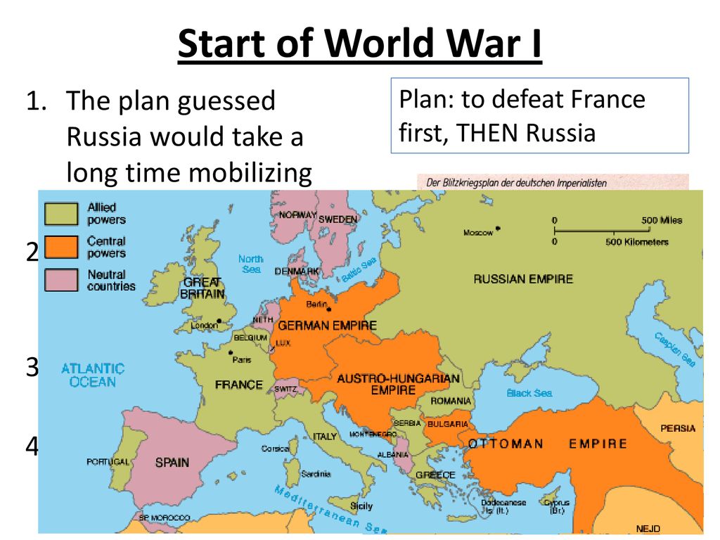 Start of World War I The plan guessed Russia would take a long time mobilizing (preparing for war)