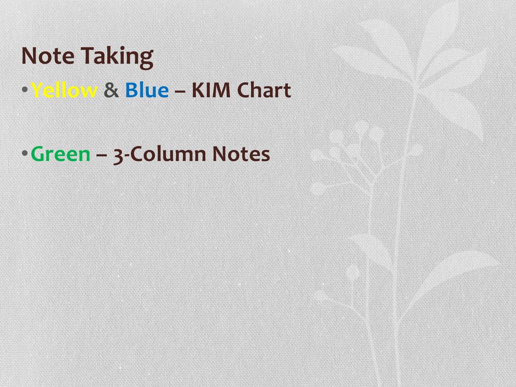 Note Taking Yellow & Blue – KIM Chart Green – 3-Column Notes