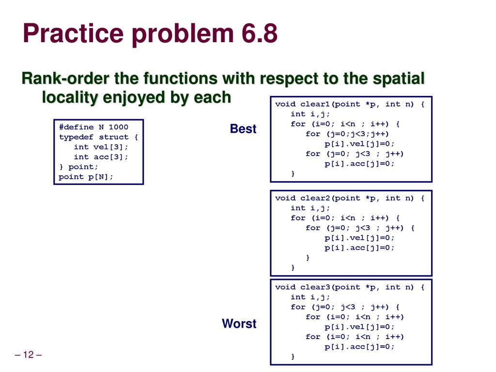 Practice problem 6.8 Rank-order the functions with respect to the spatial locality enjoyed by each.