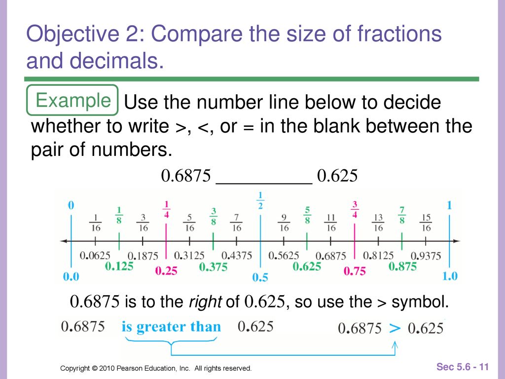 Objective 2: Compare the size of fractions and decimals.