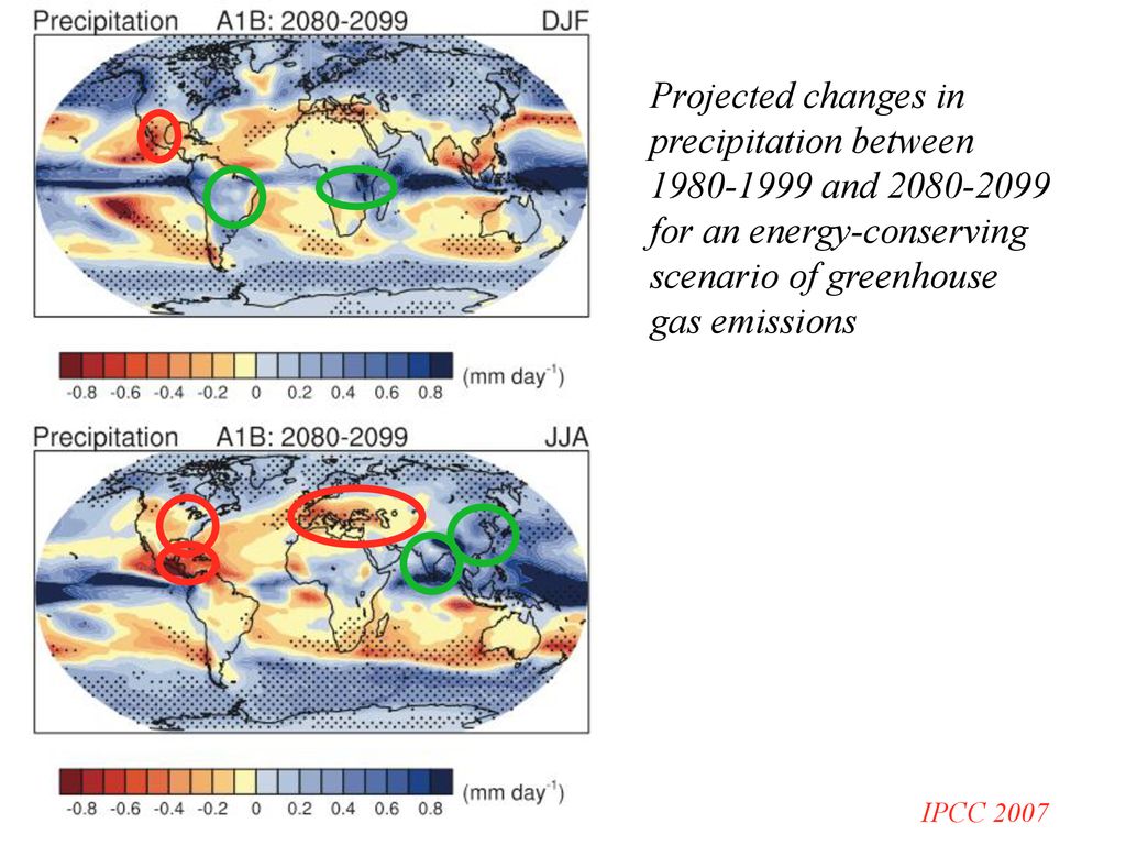 Projected changes in precipitation between and for an energy-conserving scenario of greenhouse gas emissions