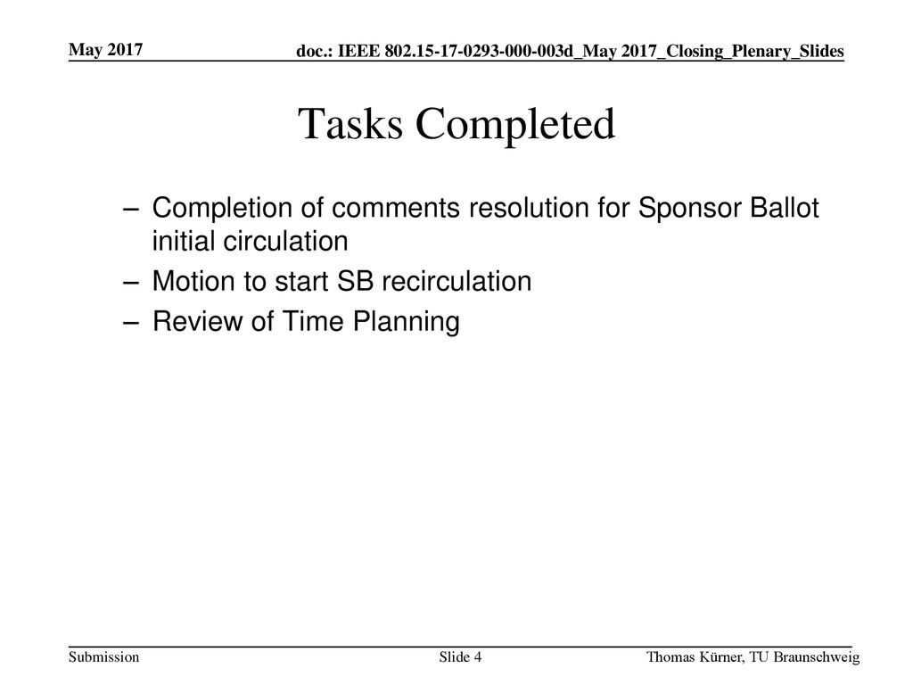 May 2017 Tasks Completed. Completion of comments resolution for Sponsor Ballot initial circulation.