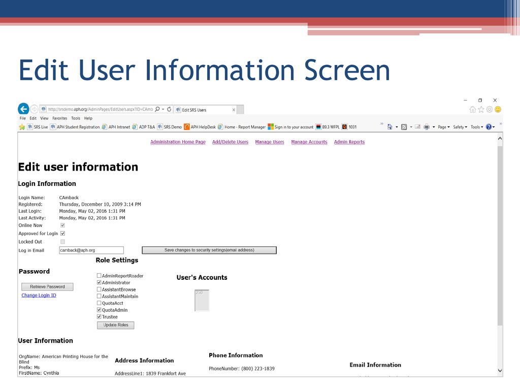 Edit User Information Screen