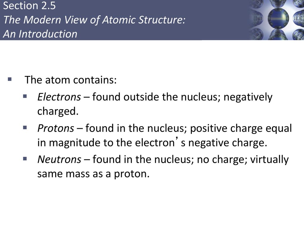 The atom contains: Electrons – found outside the nucleus; negatively charged.