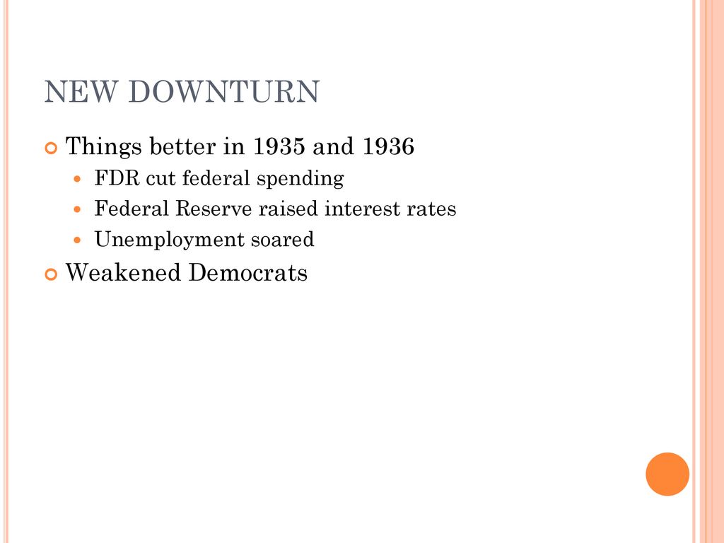 NEW DOWNTURN Things better in 1935 and 1936 Weakened Democrats