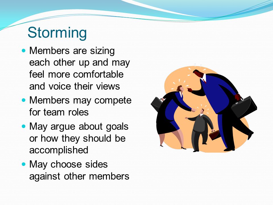 Storming Members are sizing each other up and may feel more comfortable and voice their views. Members may compete for team roles.