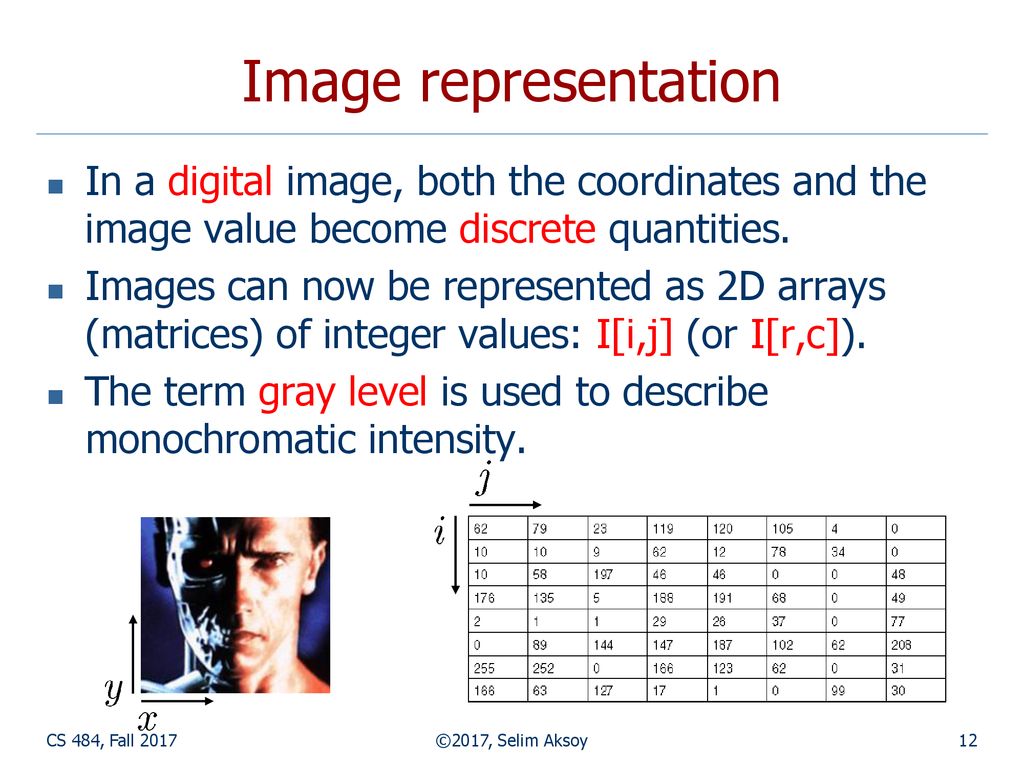 Image representation In a digital image, both the coordinates and the image value become discrete quantities.