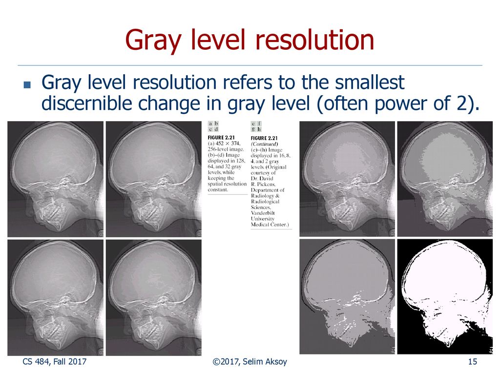 Gray level resolution Gray level resolution refers to the smallest discernible change in gray level (often power of 2).
