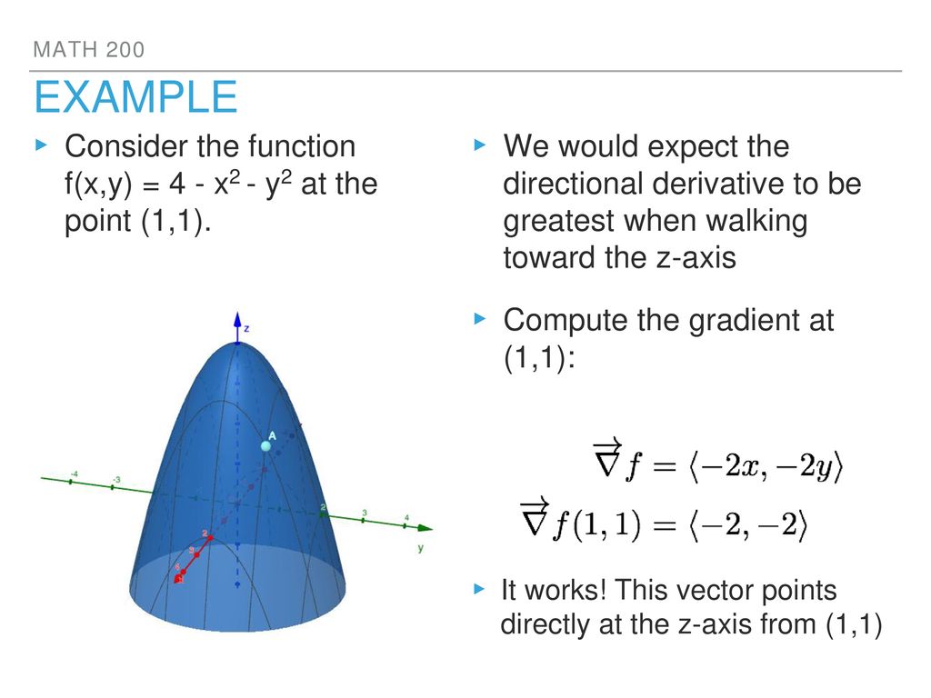Example Consider the function f(x,y) = 4 - x2 - y2 at the point (1,1).