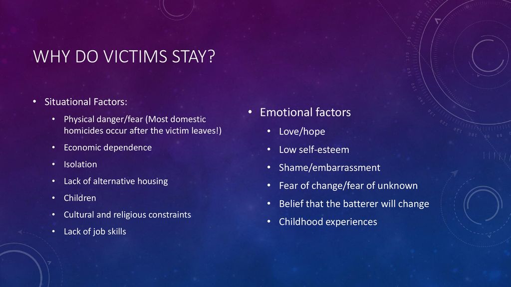Why do victims stay Emotional factors Situational Factors: Love/hope