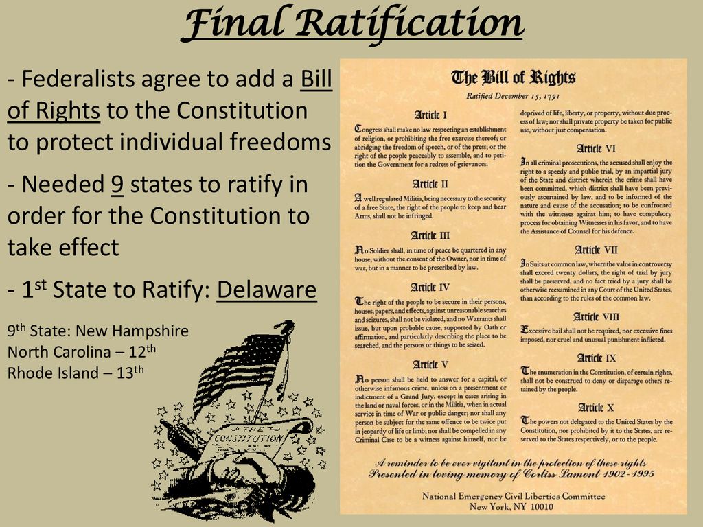 Final Ratification - Federalists agree to add a Bill of Rights to the Constitution to protect individual freedoms.