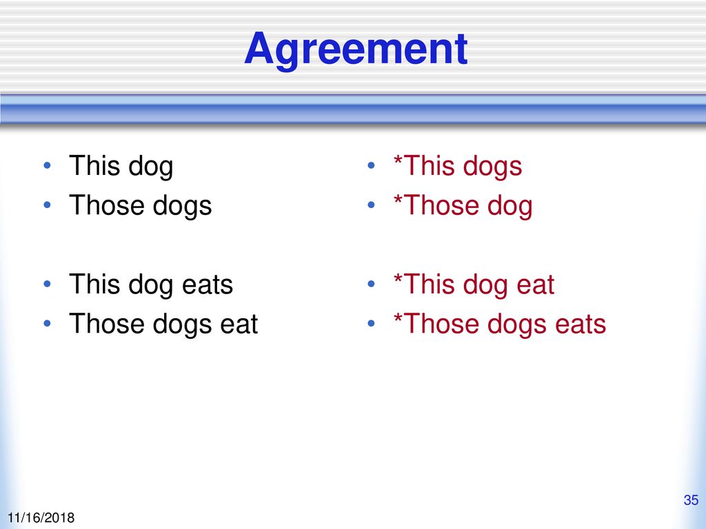Agreement This dog Those dogs This dog eats Those dogs eat *This dogs