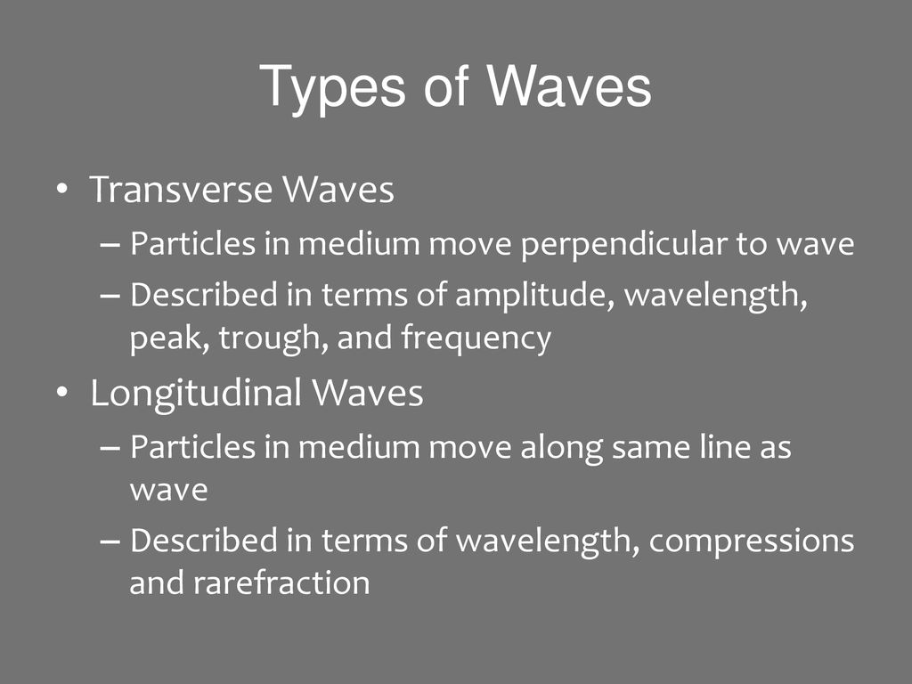 Types of Waves Transverse Waves Longitudinal Waves
