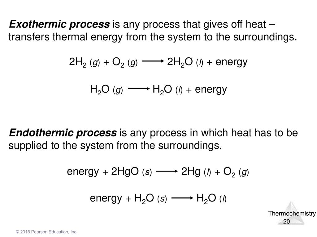 Exothermic process is any process that gives off heat – transfers thermal energy from the system to the surroundings.