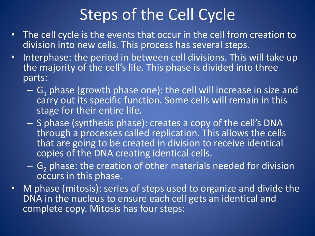 Steps of the Cell Cycle The cell cycle is the events that occur in the cell from creation to division into new cells. This process has several steps.