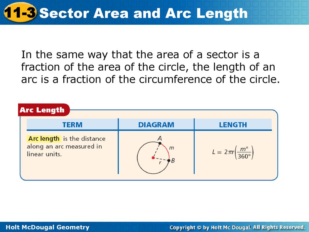 In the same way that the area of a sector is a fraction of the area of the circle, the length of an arc is a fraction of the circumference of the circle.