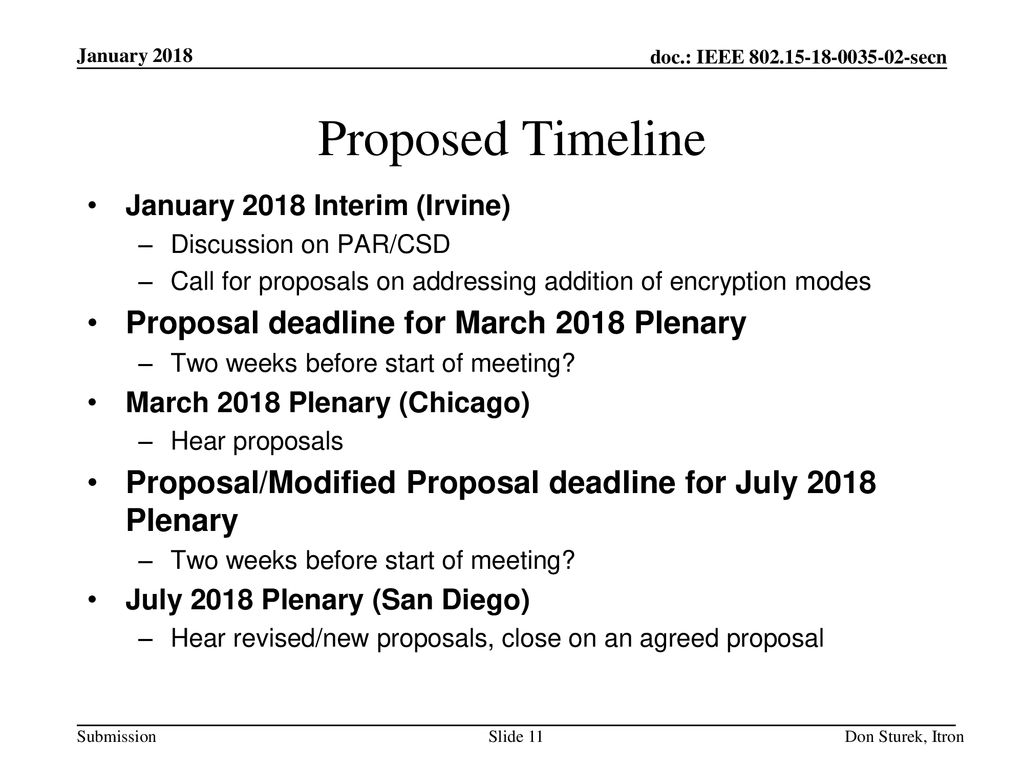 Proposed Timeline Proposal deadline for March 2018 Plenary