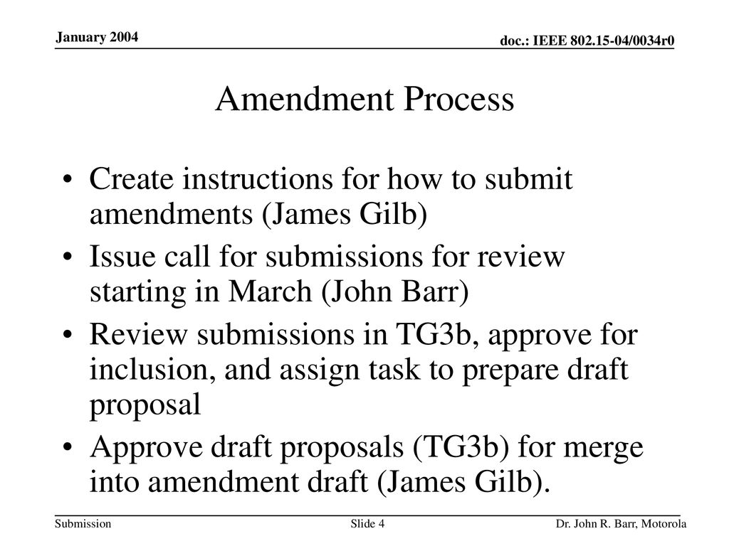 Amendment Process Create instructions for how to submit amendments (James Gilb) Issue call for submissions for review starting in March (John Barr)