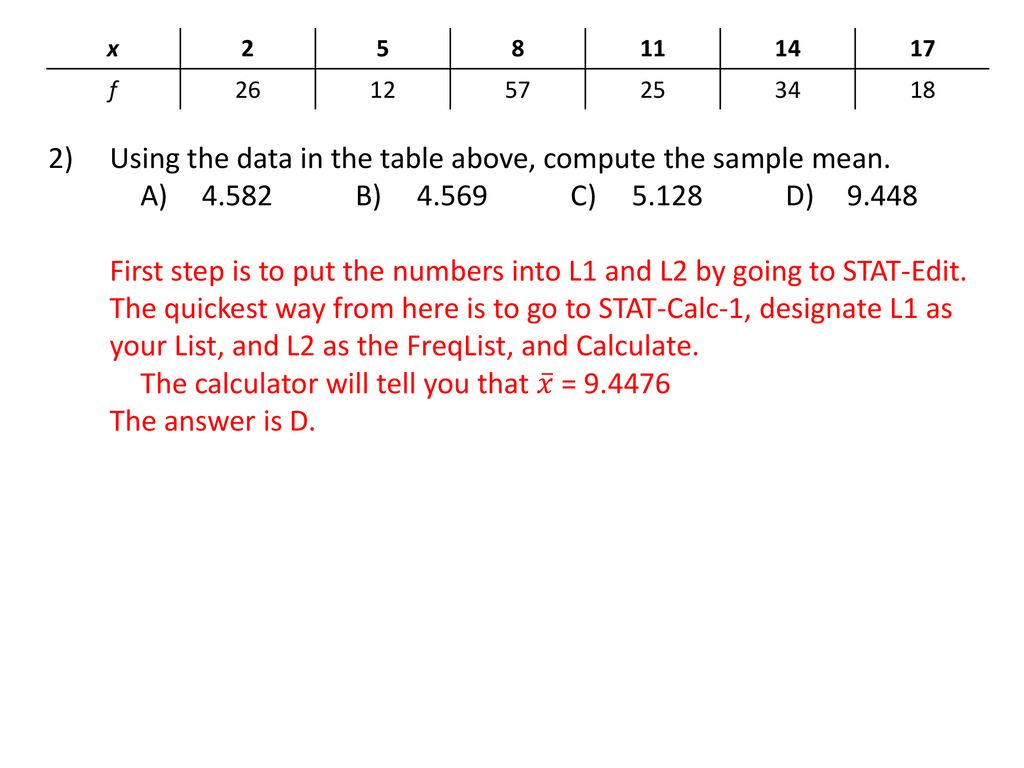 2) Using the data in the table above, compute the sample mean. - ppt  download