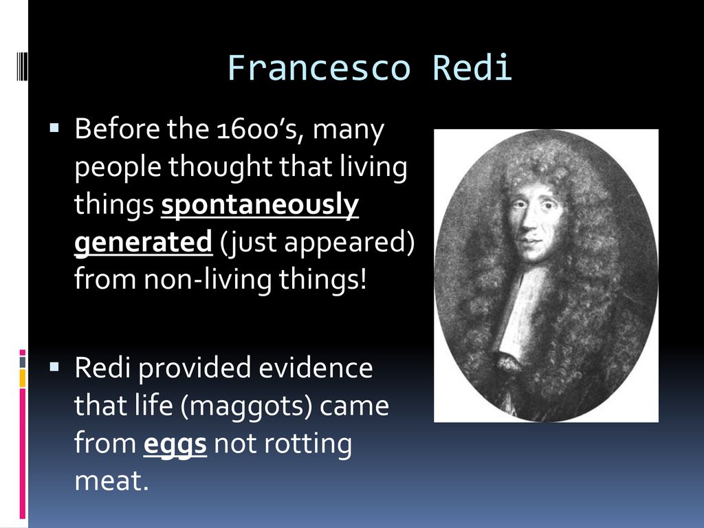 Francesco Redi Before the 1600’s, many people thought that living things spontaneously generated (just appeared) from non-living things!