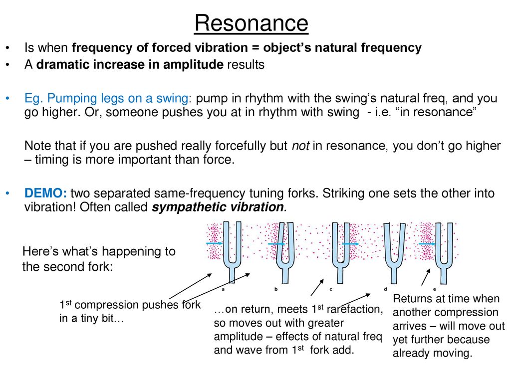 Resonance Is when frequency of forced vibration = object’s natural frequency. A dramatic increase in amplitude results.