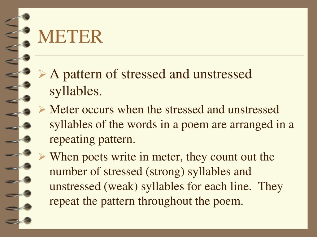 METER A pattern of stressed and unstressed syllables.