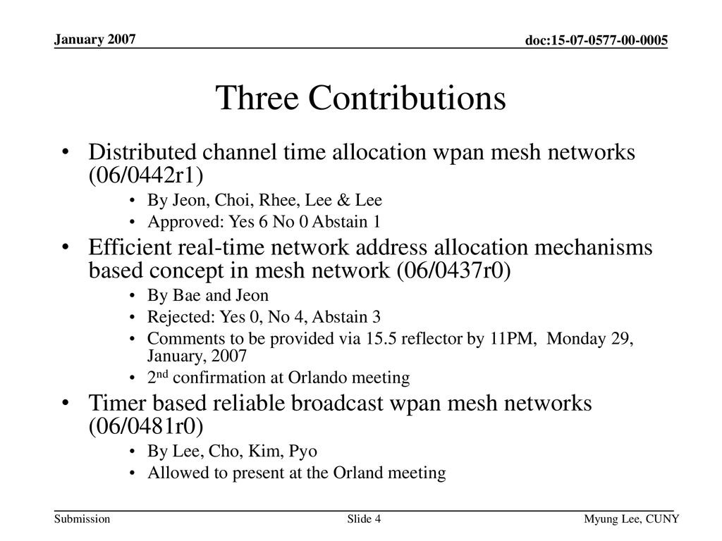 January 2007 Three Contributions. Distributed channel time allocation wpan mesh networks (06/0442r1)