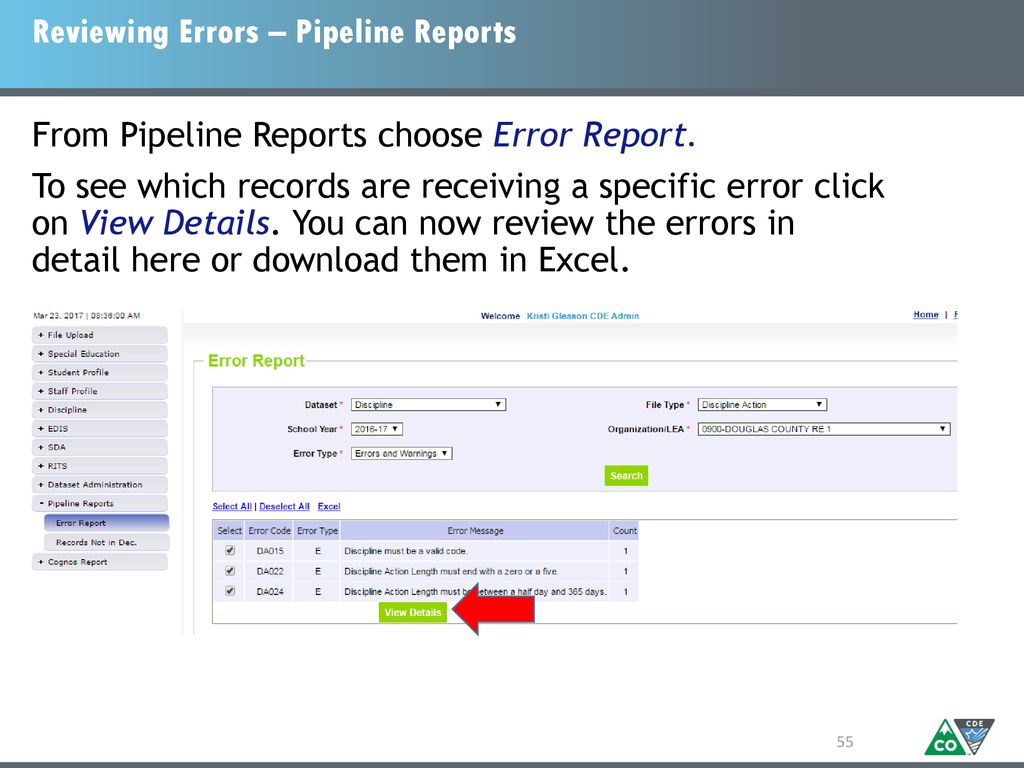 Reviewing Errors – Pipeline Reports