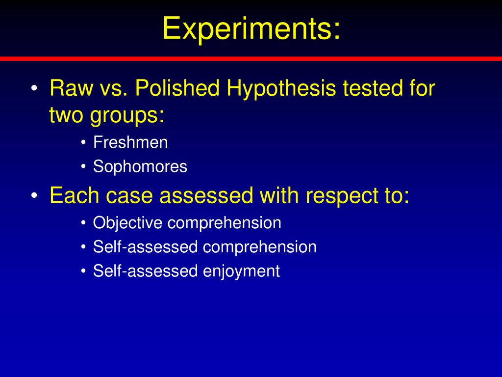 Experiments: Raw vs. Polished Hypothesis tested for two groups: