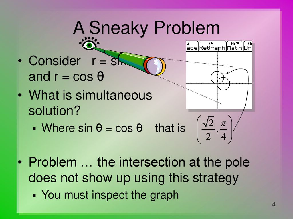 A Sneaky Problem Consider r = sin θ and r = cos θ
