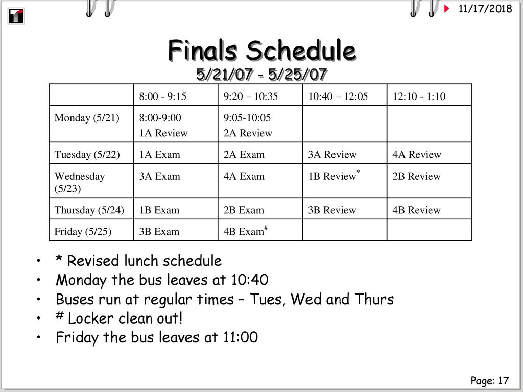 Finals Schedule 5/21/07 - 5/25/07 * Revised lunch schedule
