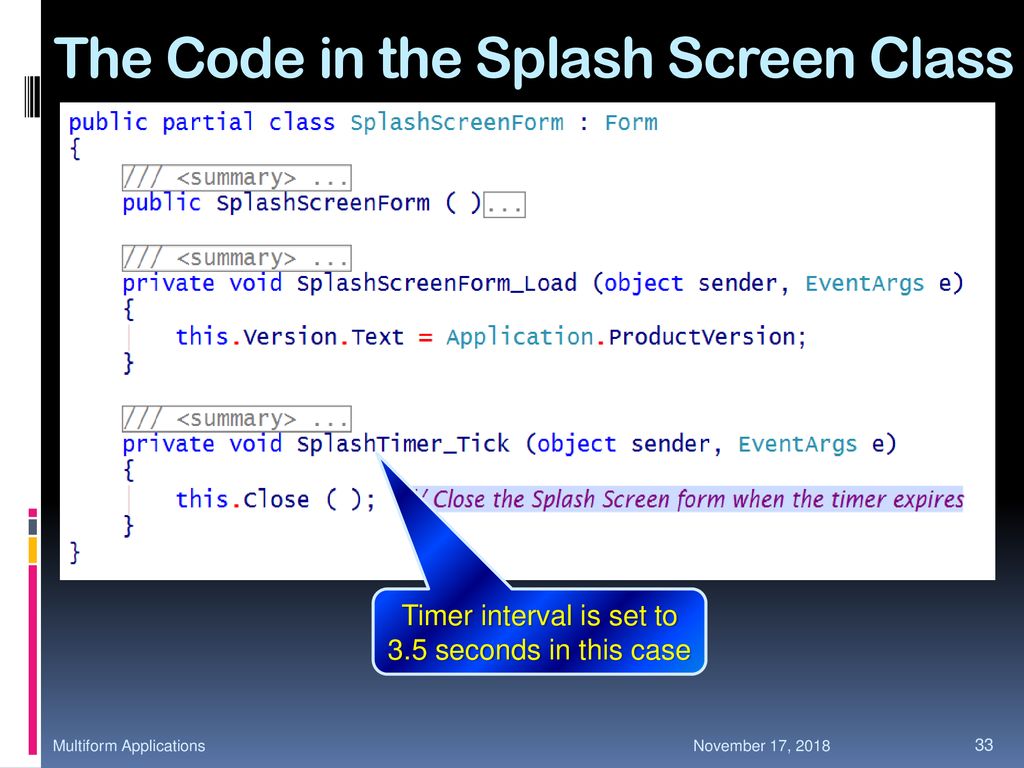 The Code in the Splash Screen Class