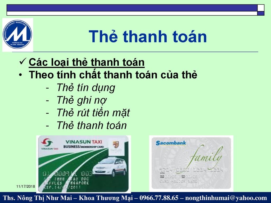 Thẻ thanh toán Các loại thẻ thanh toán