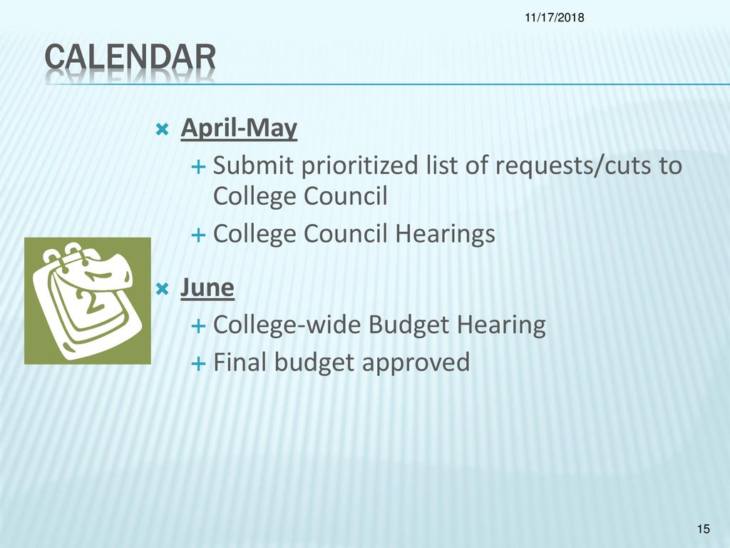11/17/2018 Calendar. April-May. Submit prioritized list of requests/cuts to College Council. College Council Hearings.