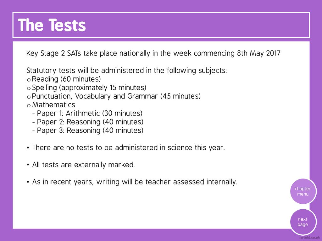 The Tests Key Stage 2 SATs take place nationally in the week commencing 8th May